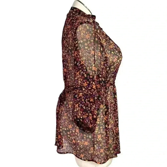 Torrid Womens 2X Ditzy Floral Pleated Chiffon Blouse Top Brown 3/4 Sleeve Y2K - Picture 4 of 8